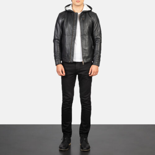 Black Hooded Leather Bomber Jacket