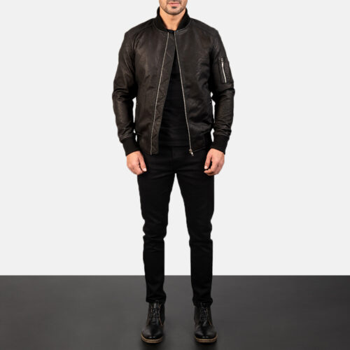 Distressed Black Leather Bomber Jackets